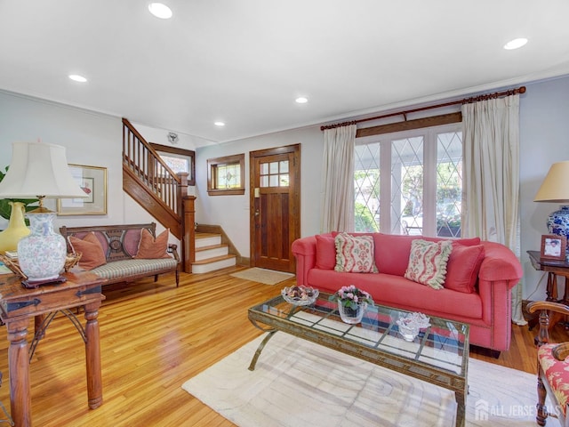 939 Salem Rd, Union Twp, NJ 07083 - living area with ornamental molding, stairway, wood finished floors, and recessed lighting