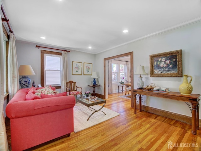 939 Salem Rd, Union Twp, NJ 07083 - living room featuring ornamental molding, light wood-type flooring, and recessed lighting