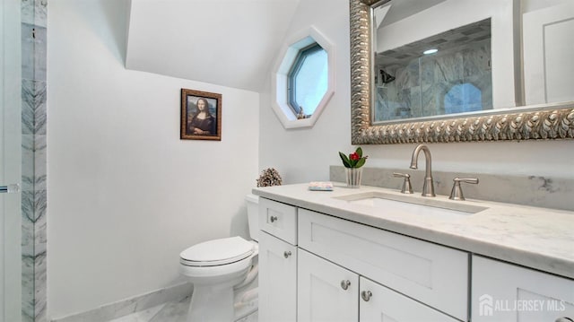 939 Salem Rd, Union Twp, NJ 07083 - bathroom featuring vanity, a marble finish shower, marble look tiles, and lofted ceiling