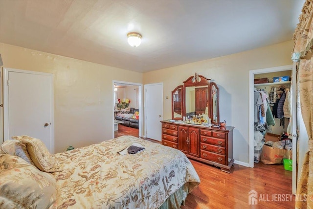 bedroom with light wood-style floors, a spacious closet, and a closet