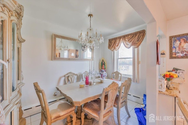 dining room featuring light tile patterned floors, a baseboard heating unit, a baseboard radiator, and an inviting chandelier