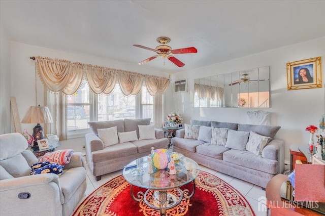 tiled living room featuring a ceiling fan and a wall mounted AC