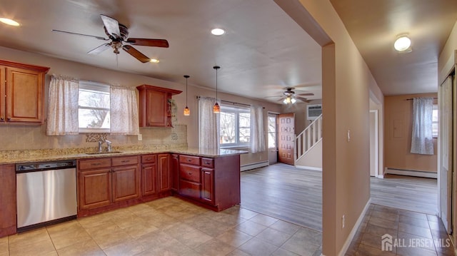 kitchen featuring a baseboard radiator, a baseboard heating unit, a peninsula, a sink, and stainless steel dishwasher