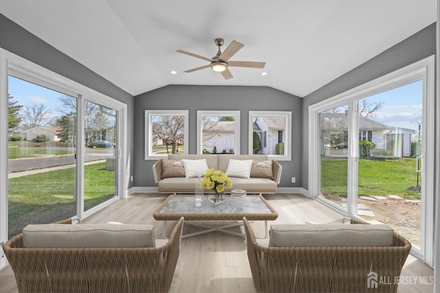 91 Dogwood Plz Unit A, Monroe, NJ 08831 - sunroom / solarium featuring ceiling fan, outdoor lounge area, and vaulted ceiling