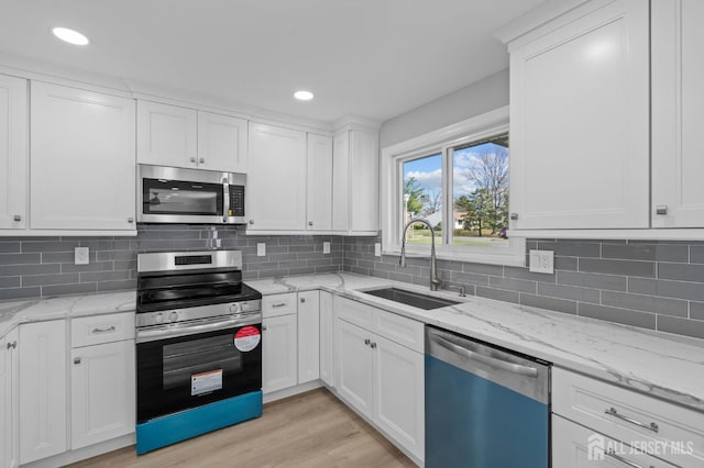 91 Dogwood Plz Unit A, Monroe, NJ 08831 - kitchen featuring appliances with stainless steel finishes, a sink, white cabinets, recessed lighting, and decorative backsplash
