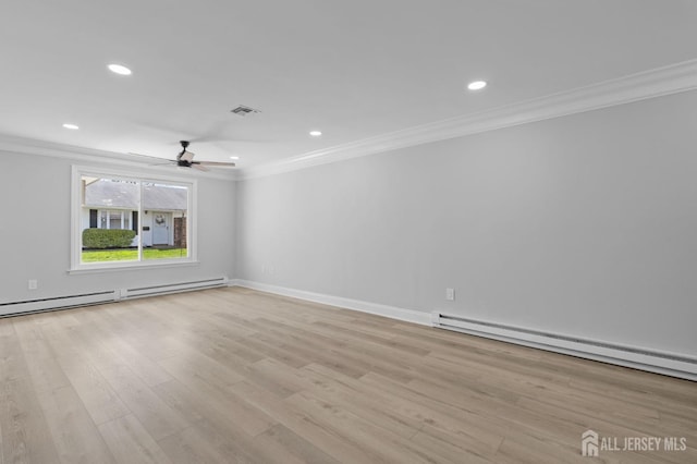 91 Dogwood Plz Unit A, Monroe, NJ 08831 - unfurnished room with ornamental molding, baseboard heating, light wood finished floors, ceiling fan, and recessed lighting
