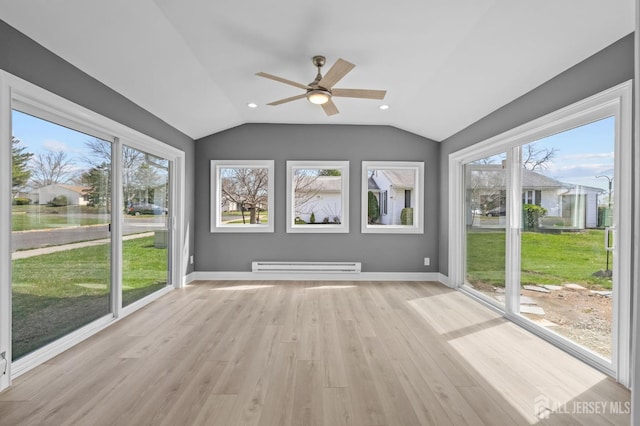 91 Dogwood Plz Unit A, Monroe, NJ 08831 - unfurnished sunroom featuring a baseboard radiator, ceiling fan, and lofted ceiling