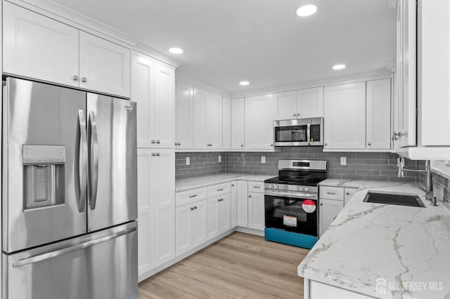 91 Dogwood Plz Unit A, Monroe, NJ 08831 - kitchen with stainless steel appliances, a sink, white cabinets, tasteful backsplash, and recessed lighting