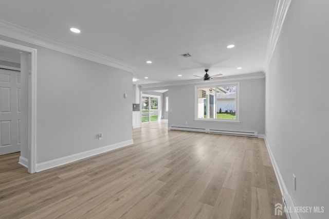91 Dogwood Plz Unit A, Monroe, NJ 08831 - unfurnished living room featuring ornamental molding, recessed lighting, ceiling fan, light wood-style floors, and baseboards