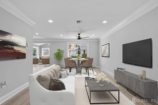 91 Dogwood Plz Unit A, Monroe, NJ 08831 - living room with recessed lighting, crown molding, light wood-style flooring, baseboards, and a ceiling fan