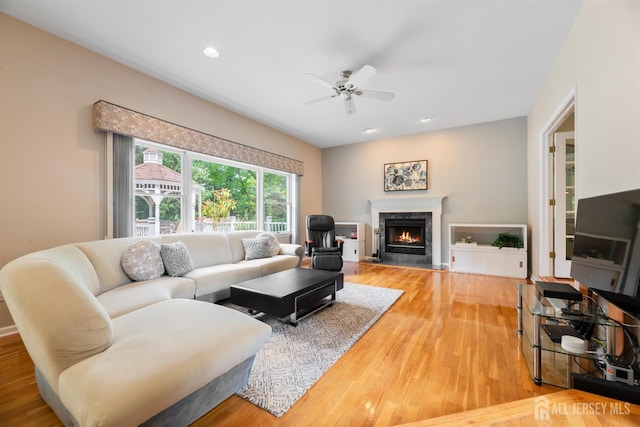 18 Stout Dr, Hillsborough, NJ 08844 - living area with a ceiling fan, a premium fireplace, light wood-style flooring, and recessed lighting