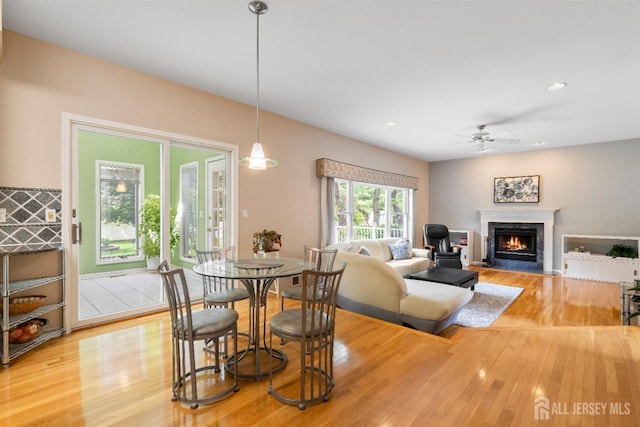 18 Stout Dr, Hillsborough, NJ 08844 - dining area featuring light wood-type flooring, a high end fireplace, ceiling fan, and recessed lighting