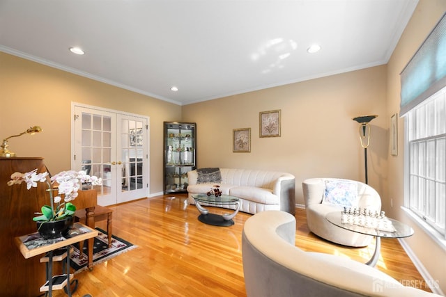 18 Stout Dr, Hillsborough, NJ 08844 - living room with french doors, wood finished floors, ornamental molding, and recessed lighting