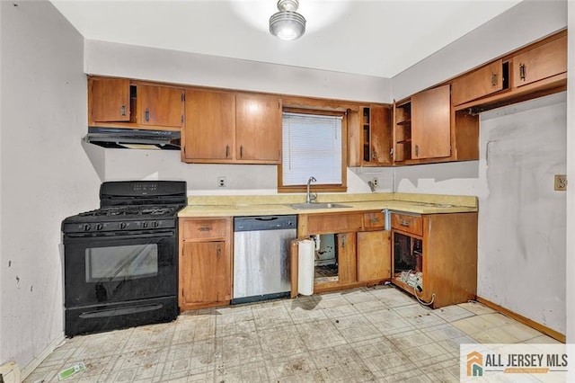 91 Amherst Ave, Colonia, NJ 07067 - kitchen with stainless steel dishwasher, black gas stove, under cabinet range hood, a sink, and brown cabinets