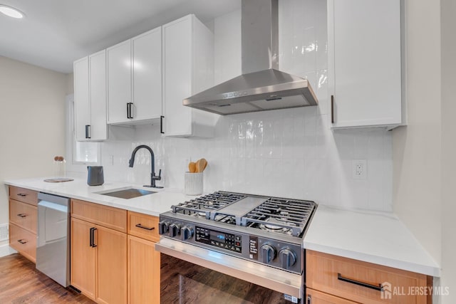 kitchen with wall chimney range hood, a sink, stainless steel appliances, light wood-type flooring, and light countertops