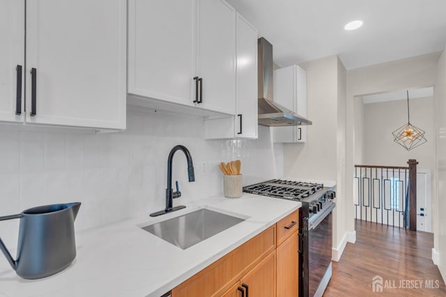 kitchen featuring stainless steel gas range oven, wall chimney range hood, a sink, decorative backsplash, and wood finished floors