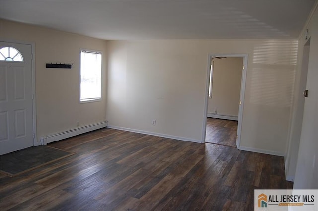 entrance foyer with baseboards, a baseboard heating unit, dark wood-style floors, and baseboard heating