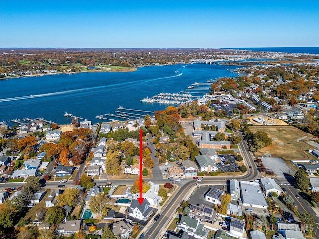 drone / aerial view featuring a water view