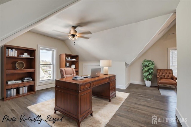 office with ceiling fan, vaulted ceiling, and hardwood / wood-style flooring