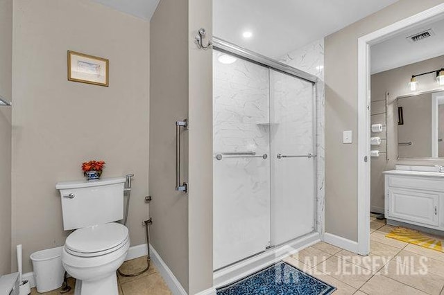 bathroom featuring tile patterned floors, toilet, a shower stall, baseboard heating, and vanity