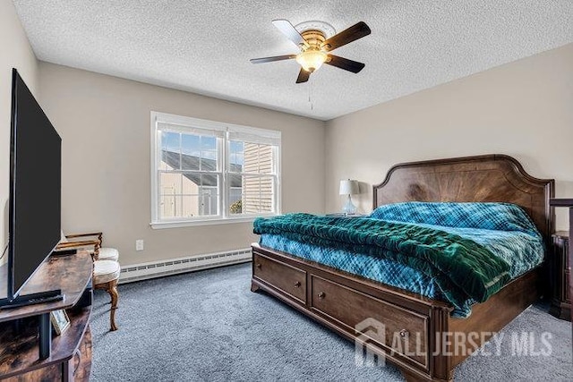 bedroom featuring baseboard heating, carpet flooring, a textured ceiling, and ceiling fan