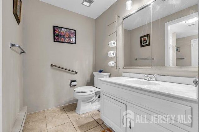 bathroom with tile patterned floors, visible vents, toilet, and vanity