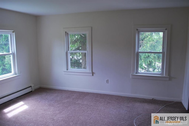 carpeted empty room featuring baseboards and baseboard heating