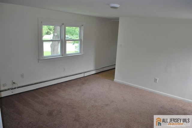 carpeted empty room with baseboards and baseboard heating