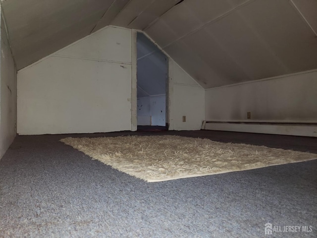 bonus room featuring a baseboard radiator, lofted ceiling, and carpet flooring