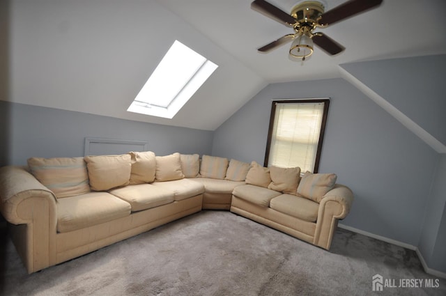 19 Clark Pl, Avenel, NJ 07001 - carpeted living area featuring a skylight, vaulted ceiling, and ceiling fan
