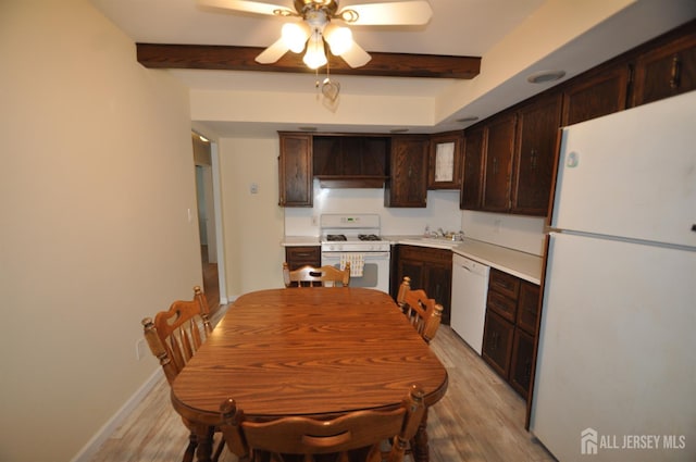19 Clark Pl, Avenel, NJ 07001 - kitchen featuring white appliances, ceiling fan, beamed ceiling, dark brown cabinetry, and light wood finished floors