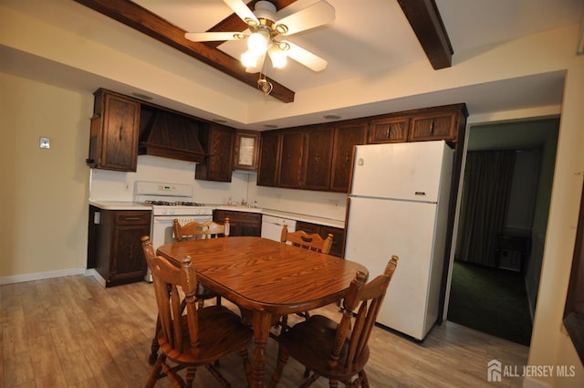 19 Clark Pl, Avenel, NJ 07001 - kitchen featuring white appliances, custom exhaust hood, beamed ceiling, dark brown cabinetry, and light countertops