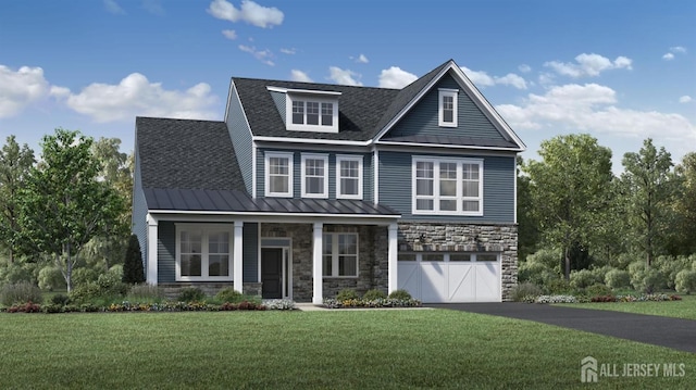 12 Cole Pl, Cranbury, NJ 08512 - craftsman-style home with a standing seam roof, stone siding, asphalt driveway, and a garage