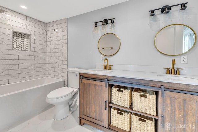 full bath featuring toilet, double vanity, tile patterned flooring, and tub / shower combination
