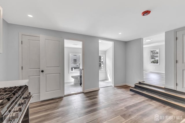 interior space with wood finished floors, baseboards, and recessed lighting
