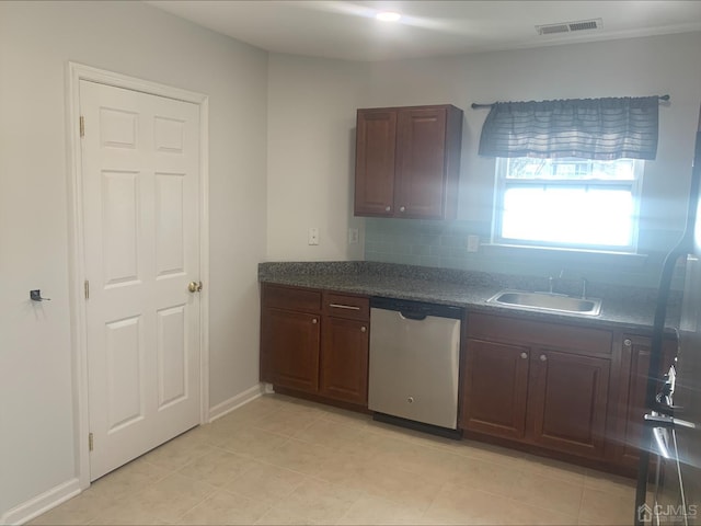 1156 Morning Glory Dr, Monroe, NJ 08831 - kitchen featuring stainless steel dishwasher, a sink, dark countertops, decorative backsplash, and baseboards