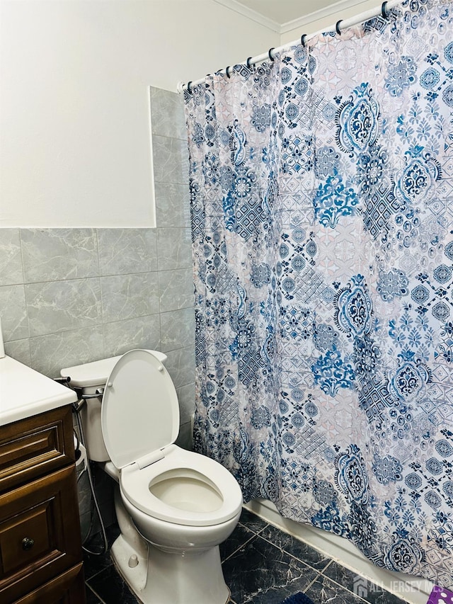 144-G Beverly Hill Ter Unit G, Woodbridge Proper, NJ 07095 - full bath featuring tile walls, vanity, crown molding, wainscoting, and marble finish floors
