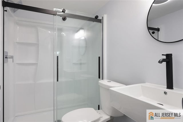 bathroom with a sink, a stall shower, and toilet
