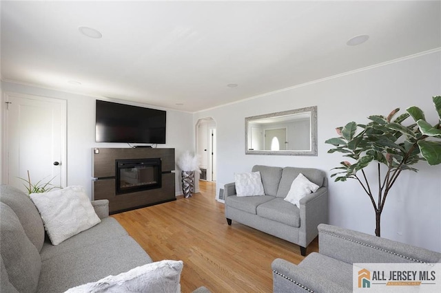 living area featuring light wood-type flooring, ornamental molding, a glass covered fireplace, and arched walkways