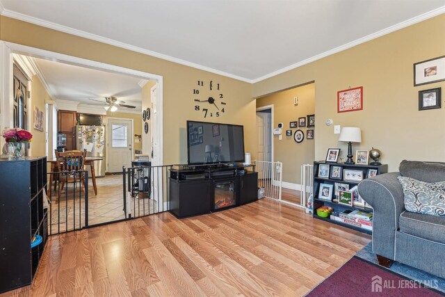 living area featuring ceiling fan, baseboards, light wood-style flooring, and crown molding