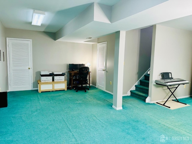 91 Heather Ct, South Brunswick, NJ 08852 - below grade area featuring carpet, an office area, and stairway