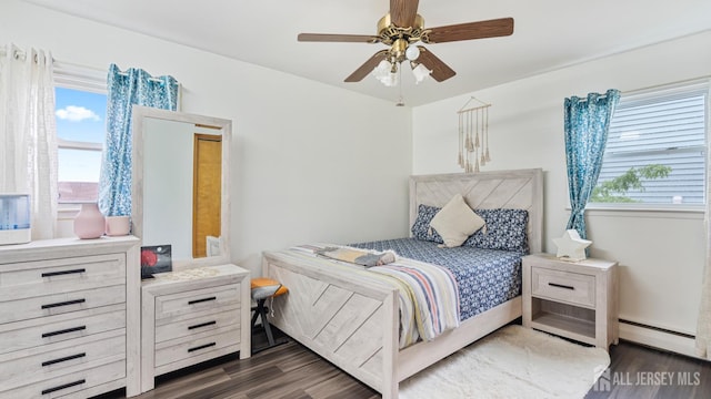 149 Ethel St, Menlo Park Terrace, NJ 08840 - bedroom with a baseboard heating unit, multiple windows, dark wood-style flooring, and ceiling fan