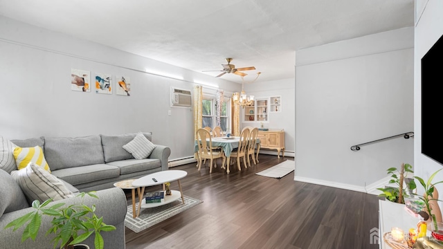 149 Ethel St, Menlo Park Terrace, NJ 08840 - living room with a baseboard radiator, a chandelier, dark wood-style floors, an AC wall unit, and baseboards