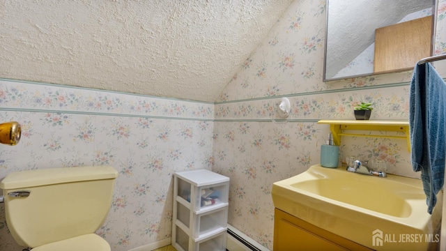 149 Ethel St, Menlo Park Terrace, NJ 08840 - bathroom featuring lofted ceiling, vanity, a textured ceiling, a baseboard heating unit, and toilet