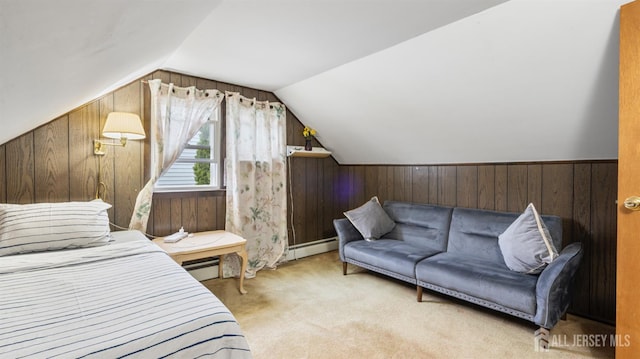 149 Ethel St, Menlo Park Terrace, NJ 08840 - bedroom with wooden walls, carpet flooring, lofted ceiling, a baseboard radiator, and baseboard heating