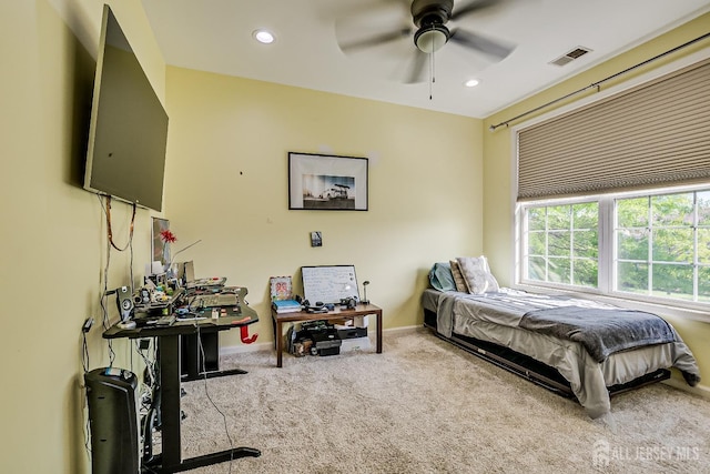 bedroom featuring visible vents, recessed lighting, carpet, and baseboards