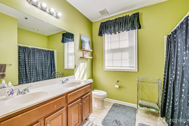 full bath with visible vents, a sink, double vanity, and toilet
