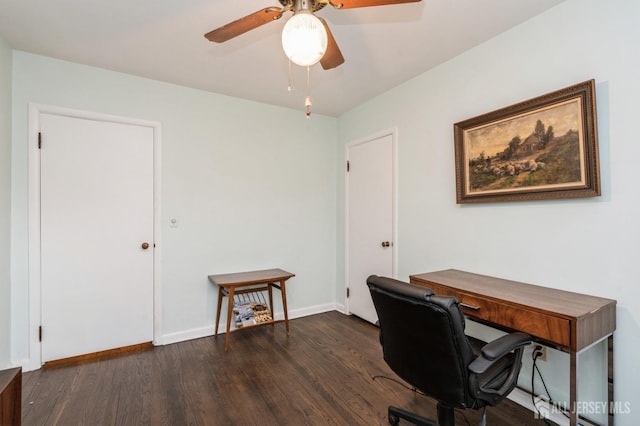 office with a ceiling fan, wood finished floors, and baseboards