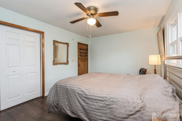 bedroom featuring dark wood finished floors, a closet, and ceiling fan