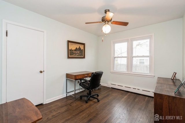 office with baseboard heating, dark wood finished floors, baseboards, and a ceiling fan